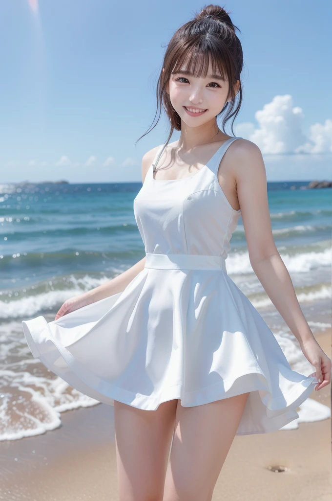 Japanese model is cute、Slim figure、Young Face、Baby Face、White Summer Dress、Full body photography、Beautiful Skin、Shaggy Ponytail、The skirt is flipped up in strong winds、At the beach、smile、Show me your teeth、High resolution, Anatomically correct, Winner of numerous awards, Textured skin, High-resolution model,