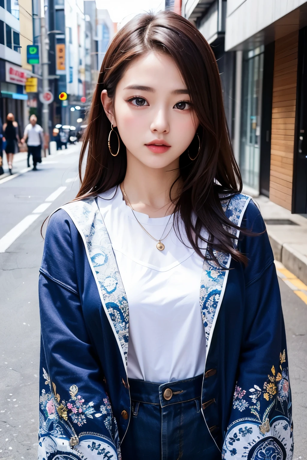 (Highest quality: 1.3), (Very detailed: 1.3)、High resolution、8k wallpaper、Perfect dynamic composition,、 (masterpiece: 1.3),
Beautiful Eyes、Natural color lip、 ((Japanese Idols))、very cute、20-year-old、
Semi Body Shot、(street)、