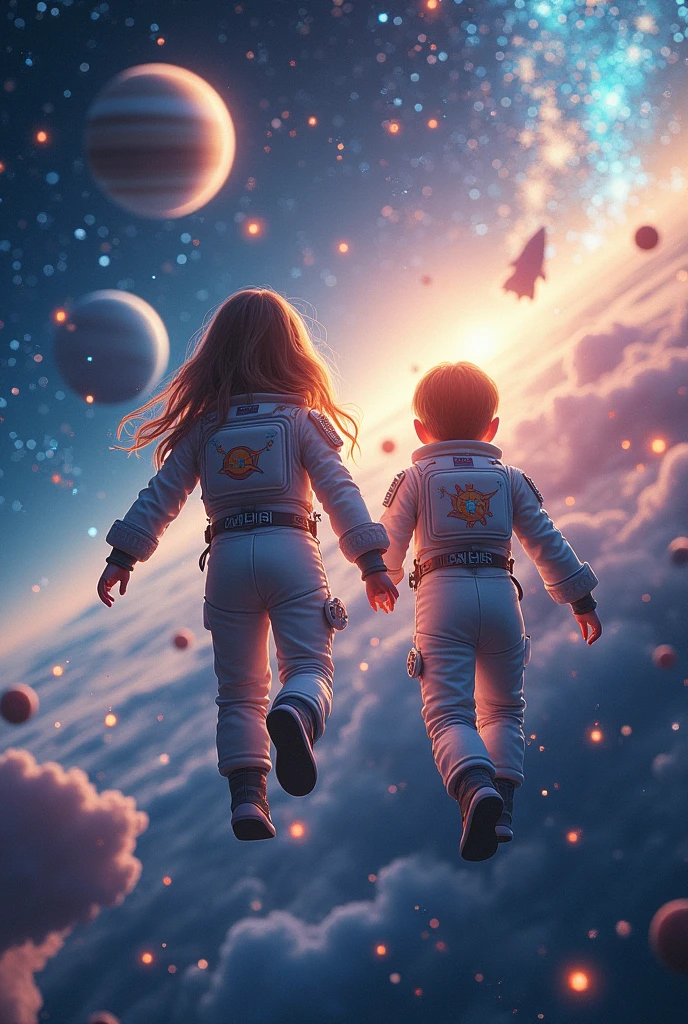 Girl boy astronaut 4D in the universe with planets and rocket 