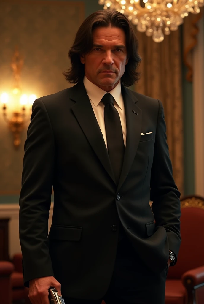 Actor Kurt Russel in a black suit and black tie, holding a 🔫,Em um hotel,having actor Kurt Russel at 44 years old,with 8k quality and realistic,with the actor's face and long hair
