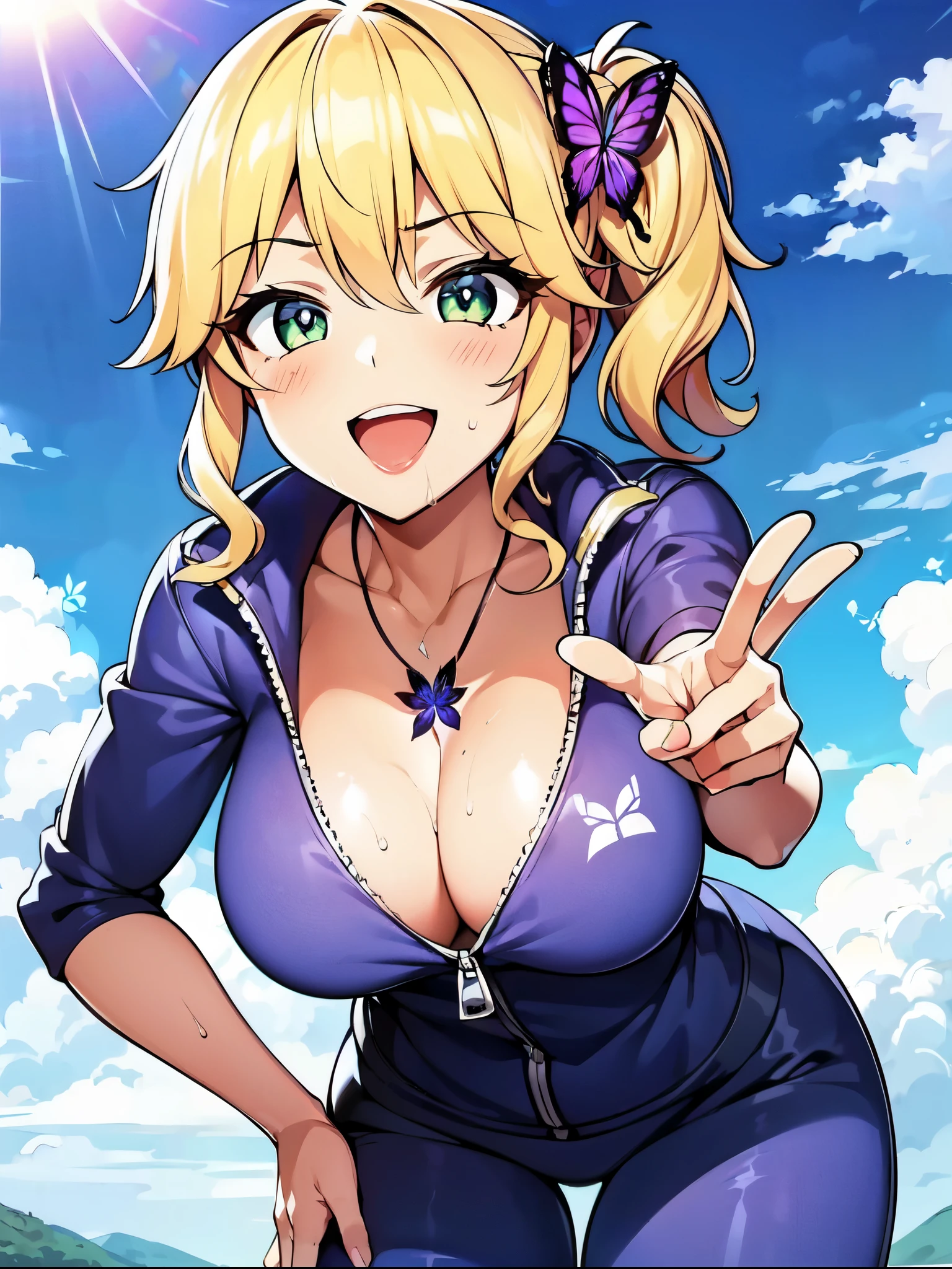 ((super high quality,Ultra-high resolution,16K,super masterpiece,Ultra HD,Ultra high definition:1.3,))One Girl,18-year-old,(Blonde:1.5,Short wavy hair:1.3),Short Side Ponytail,(Butterfly Shape,Black and purple hair band:1.4,)Emerald eyes,Cleavage,sexly,((Opened to the chest,Light pink color:1.3,Tight sweatsuit:1.5,))(popped collar,Tight collar,Large collar,Fine zipper:1.3,)(light blue butterfly necklace:1.2,)To the camera,Smiling happily,Close one eye, V-sign with one hand,Place one hand on hip,leaning forward with her body angled forward,Sweaty,(A lot of water splashes all over the body:1.5,)Angle looking up from below,a blue sky with clouds and sun,
