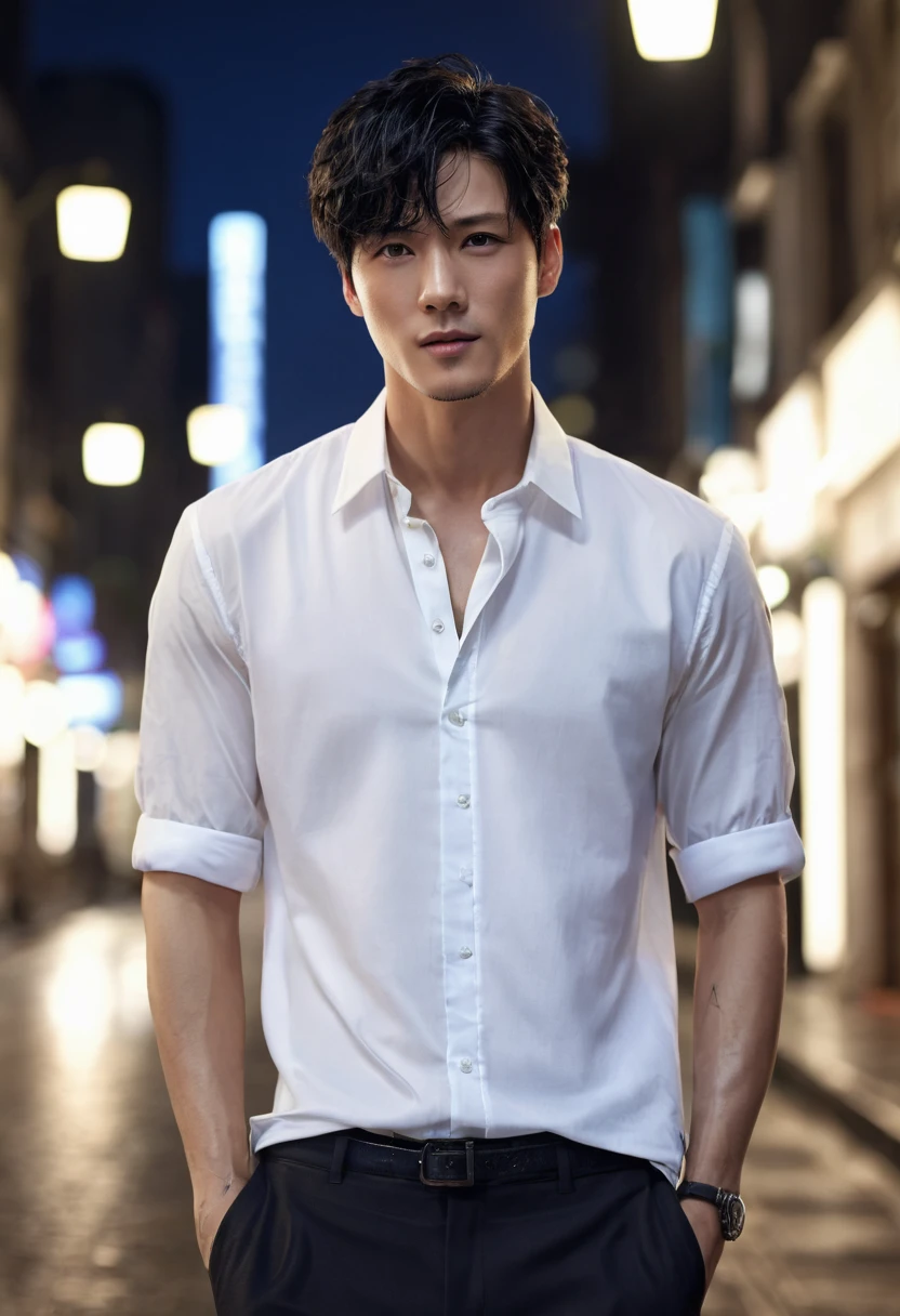 (masterpiece:1,2), top-quality, masterpiece, hight resolution, Original, highly detailed wallpaper, a man, handsome, short hair, black hair, no tattoos, white skin, upper body, wear youthful clothes, white shirt, street background, night street