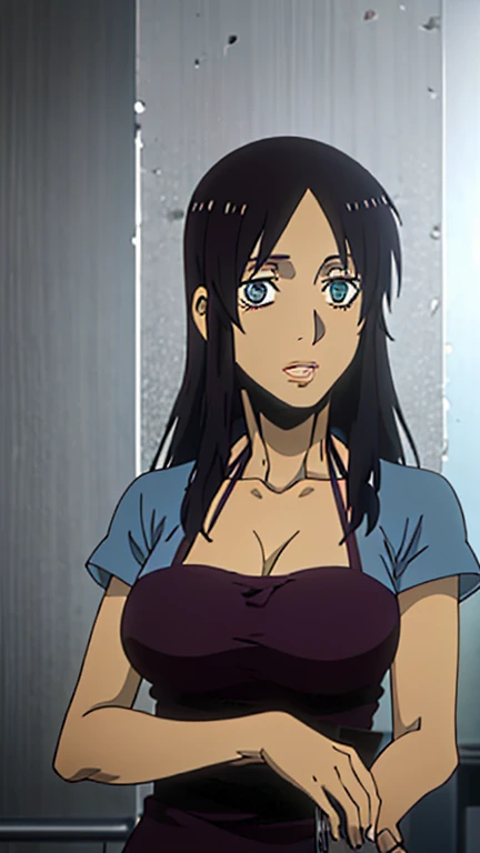 AB, big lips, black hair, blue dress with light blue bosto sleeves, 1 girl, solo, upper body, looking at viewer, 