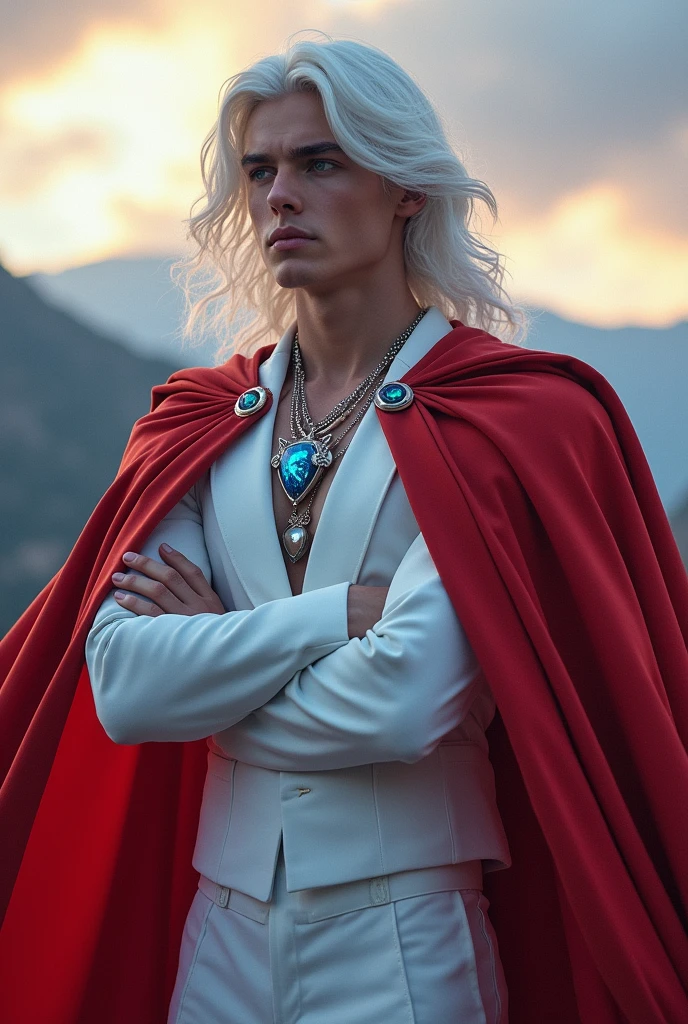 I want a character with white hair and blue eyes who is somewhat muscular with a white suit and a red cape and with a necklace that has a fang of light on the tip.,of 16,with a serious face