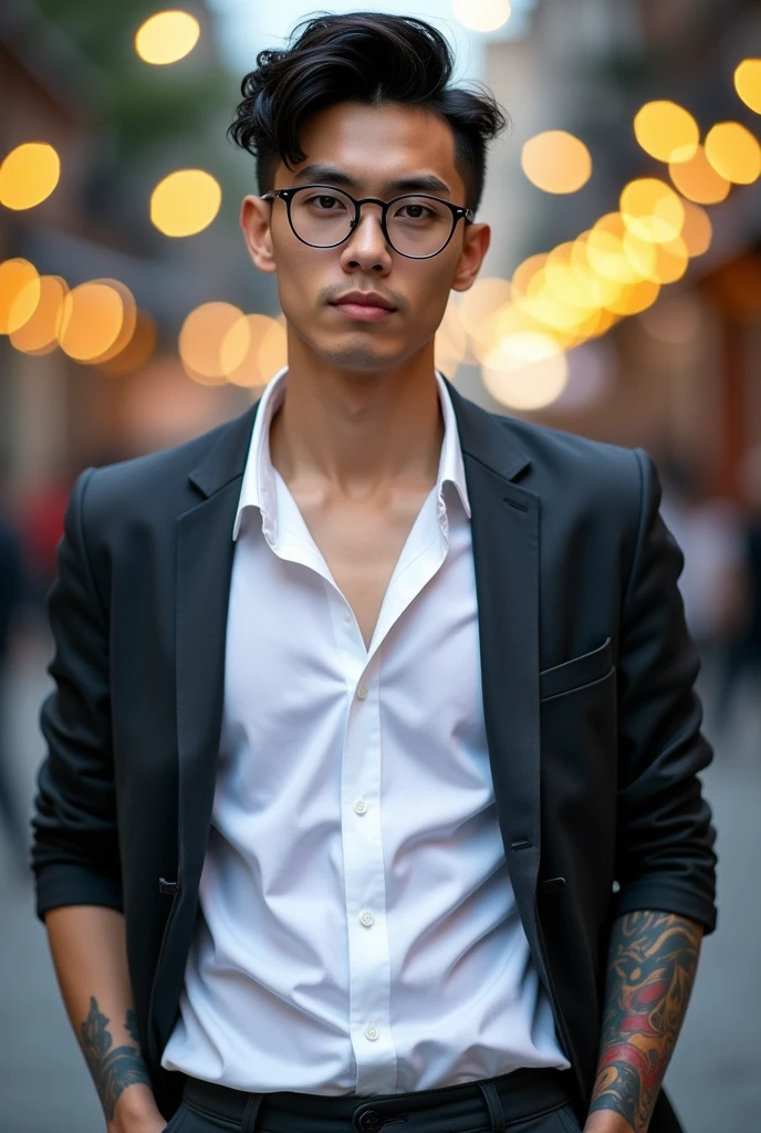 19 year old male, strong bodie, wears a white dress shirt, jaket, has black hair in a modern, medium cut, slickedback hair, wears glasses and has tattoos on his arm