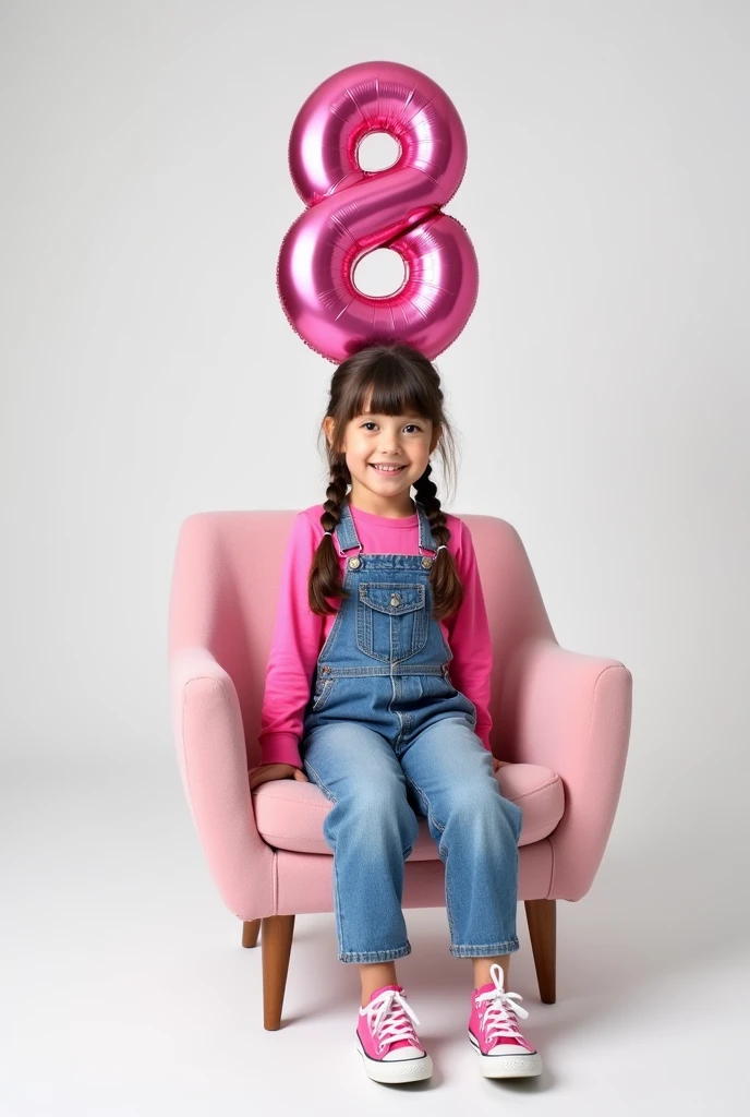 best qualityer:1.4), (ultra high resolution:1.2), (photorrealistic:1.4), (8k, CRU photo:1.2), 1 white 8 year old child, dark brown hair down with a boxer braid, a pink long sleeve blouse, a denim dungaree on top, is wearing pink All Star sneakers. It's in the white photography studio. She is sitting on a pink chair. On the wall there is a pink balloon shaped like the number 8. It's a medium sized one