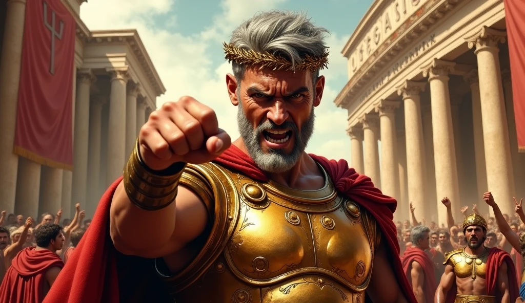oil painting, Roman emperor clenching his fist in front of him, peeping at the viewer, gesture of rage, gold-plated breastplate, laurel wreath, gray hair, grit your teeth