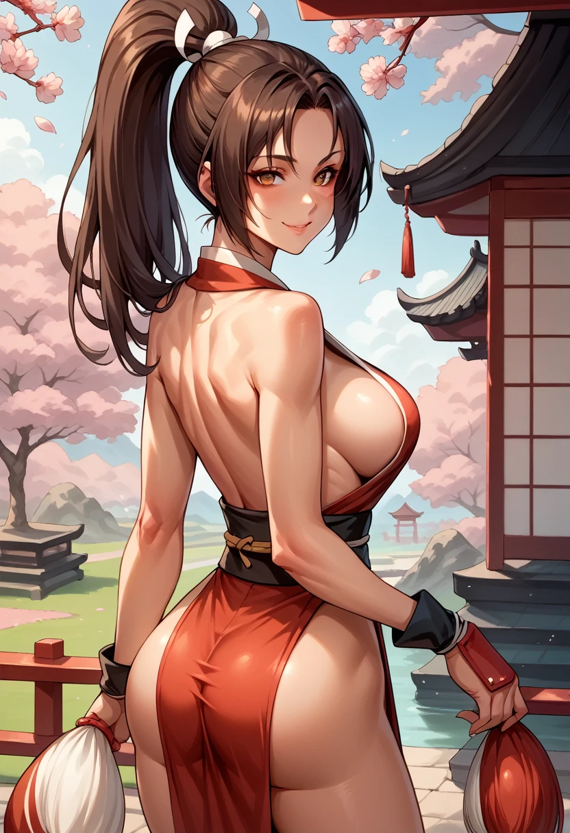 score_9, score_8_up, score_7_up, BREAK, score_9, 1girl, solo, looking at viewer, PonyShiranui, japanese clothes, revealing clothes, cleavage, high ponytail, pelvic curtain, smile, japanese setting, cherry blossoms, large breasts, cowboy shot, ass, from behind,