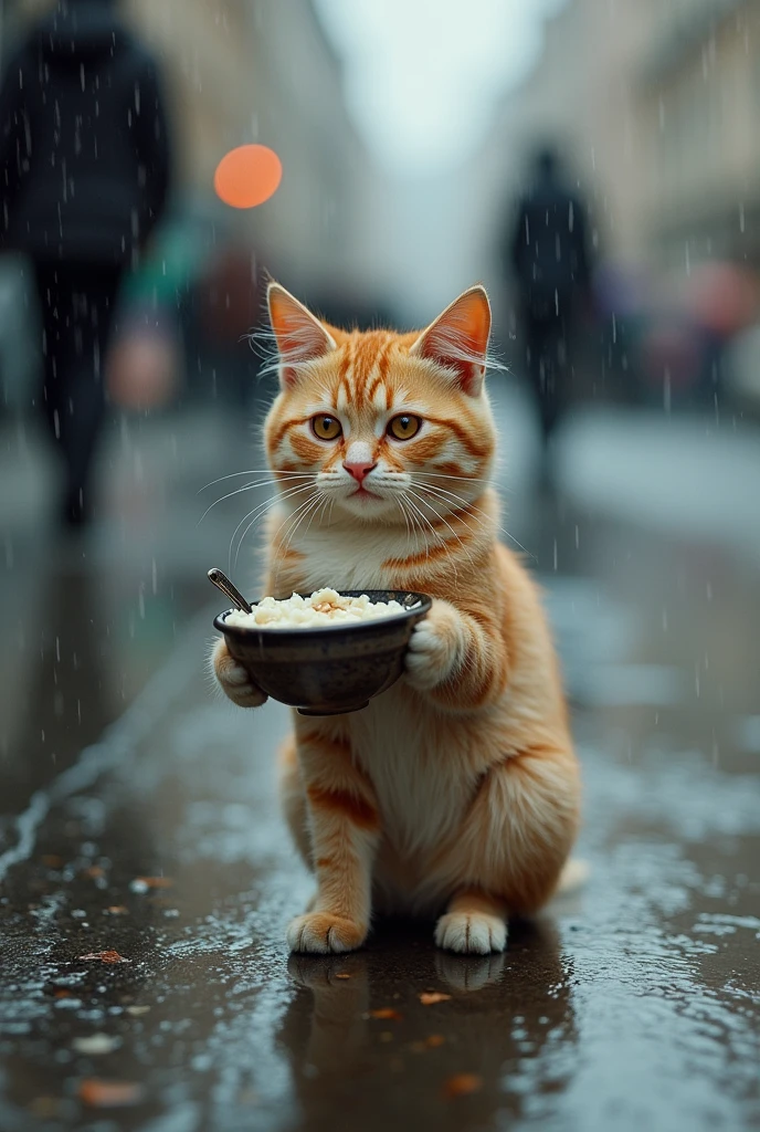 The roads in the city are raining heavily, and there is still rain on the camera. A small cat, with wet fur and a deflated belly, standing on both feet in a personified form, holding a broken bowl and begging pedestrians on the street. There is a little porridge in the bowl, and the cat does not need to look at the camera. It is photographed from the side. The background is unreal and blurry, highlighting the pitiful nature of the kitten.