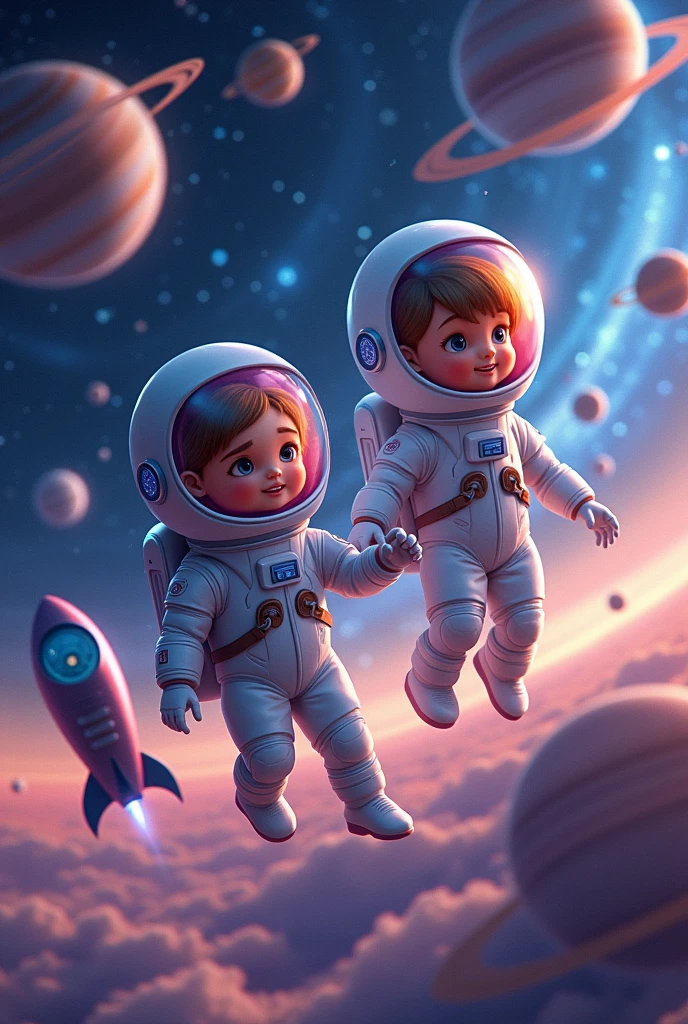 Girl boy astronaut 4D in the universe with planets and rocket