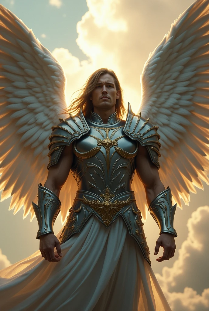 A male warrior angel, with long straight hair, helmet that hides the eyes and 4 wings