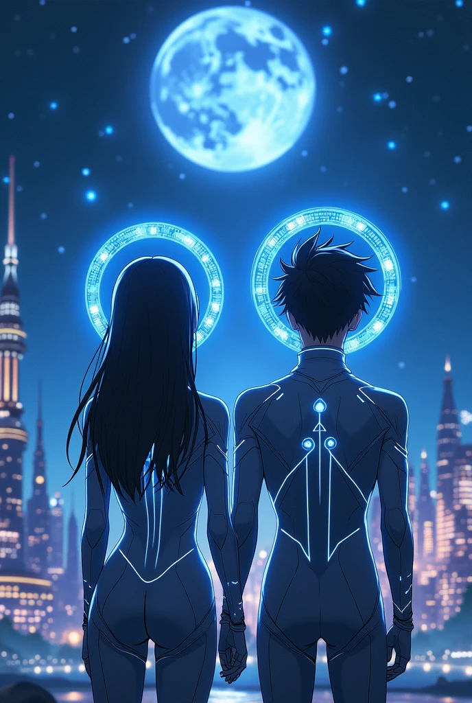 I want a picture of a man and a woman in an anime with a halo like a bluearchive game. The halo has different shapes and they have a futuristic theme. They have a futuristic empire on the moon. The halo is different.