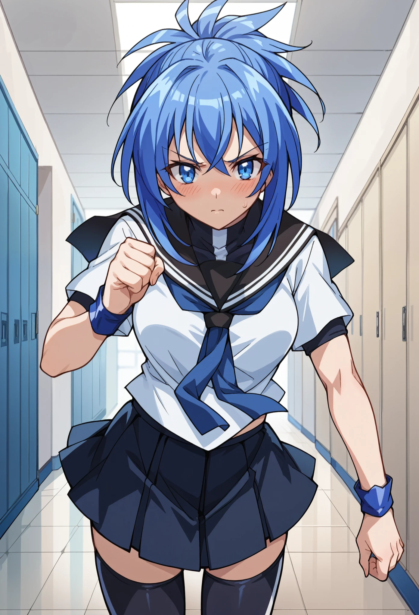 score_9, score_8_up, score_7_up, 1girl, solo,Natsuru, blue hair,blue neckerchief, school uniform, serafuku, thighhighs, blushing standing, fighting stance, looking at you, school hallway, white walls,