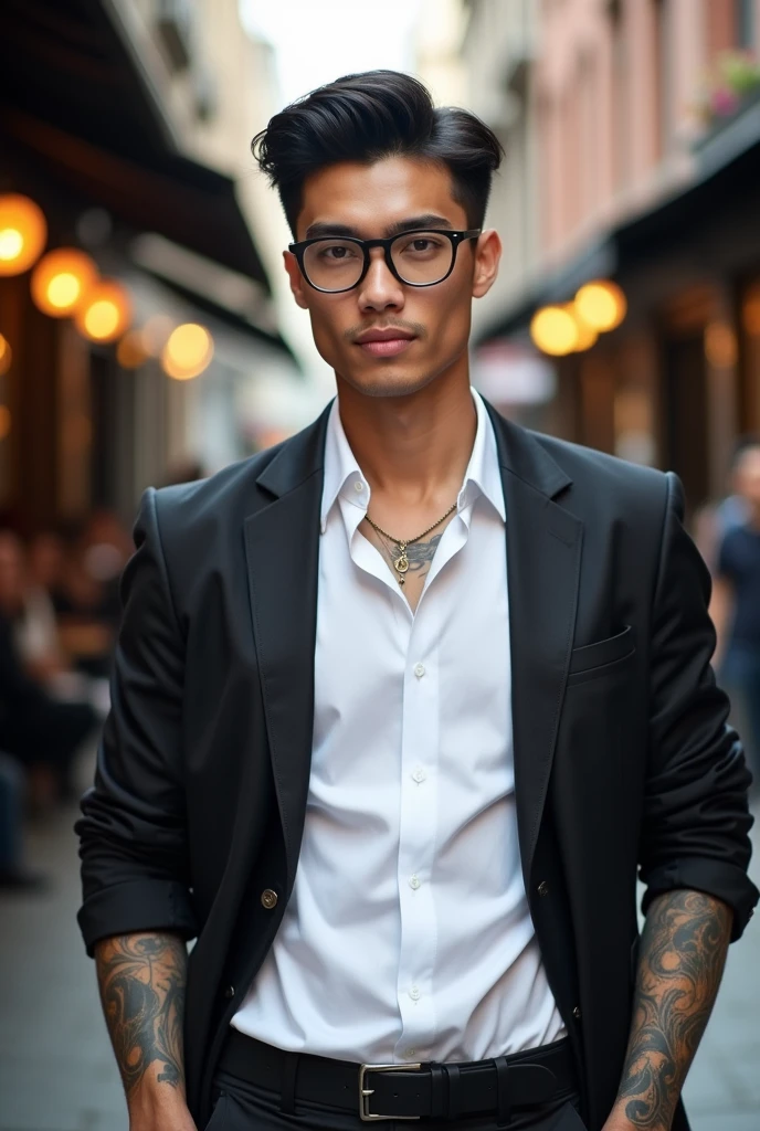 19 year old North American male, strong bodie, wears a white dress shirt, jaket, has black hair in a modern, medium cut, slickedback hair, wears glasses and has tattoos on his arm
