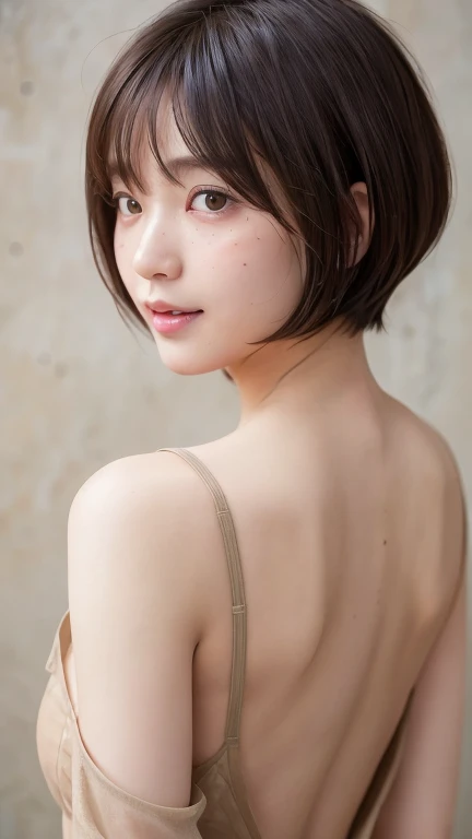 (Bob Cut Hair:1.2),(Wearing a backless dress:1.8),1 person,Japanese,21 years old,(Small breasts:1.3),(Highest quality,masterpiece:1.3,Ultra-high resolution,),(Very detailedな,Caustics),(Realistic:1.4,RAW shooting,)Ultra-Realistic Capture,Very detailed,High resolution 16K human skin closeup。 Natural skin texture、,pores、、It needs to be detailed enough to be easily identifiable。 Skin tone is even and healthy looking。 Use natural light and color, Happy expression, Looking into the camera, Perfect dynamic composition, indoor、Cleavage、freckles、excited、You can see up to the buttocks、Raise your arms high、Beautiful shoulder blade、Leaning against a wall、blush