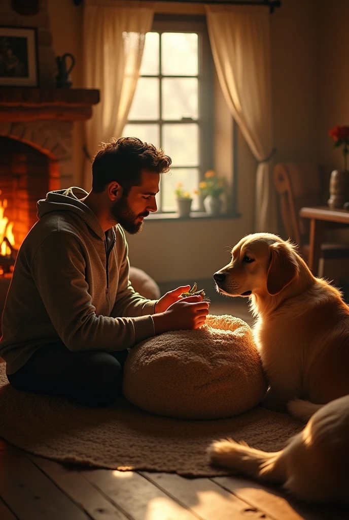 "Ali and Bruno at home in a cozy cottage. Ali is placing the bird in a small nest made of soft fabric, while Bruno watches attentively. The room is warm and welcoming, with wooden furniture, a fireplace, and the soft glow of evening light coming through the window."