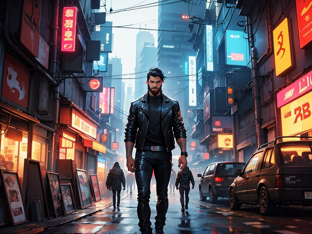 man, around 30yo, classy black hairstyle, short beard brown leather jacket, cyberpunk streets in background