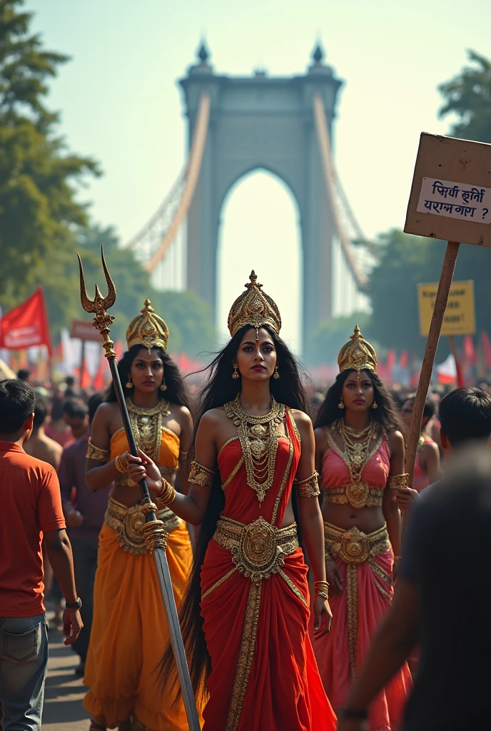 Create a powerful scene on the streets of Kolkata where the goddesses Durga, Kali, and Laxmi are leading a protest march. The goddesses should be portrayed with fierce, determined expressions, standing tall and commanding, with Durga holding her trident, Kali wielding her sword, and Laxmi radiating strength. They are surrounded by a diverse crowd of people, all unified in protest. Some are holding placards and posters that read 'We Want Justice' and 'Justice for RGKar.' The backdrop features recognizable Kolkata landmarks like the Howrah Bridge.The atmosphere is charged with a sense of urgency and resolve for justice against a heinous rape crime at RGKar hospital.