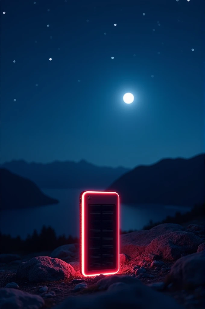 A portable solar charger with fluorescent border and it contain two USB ports they are USB A type, USB C type. The background should be a night time.