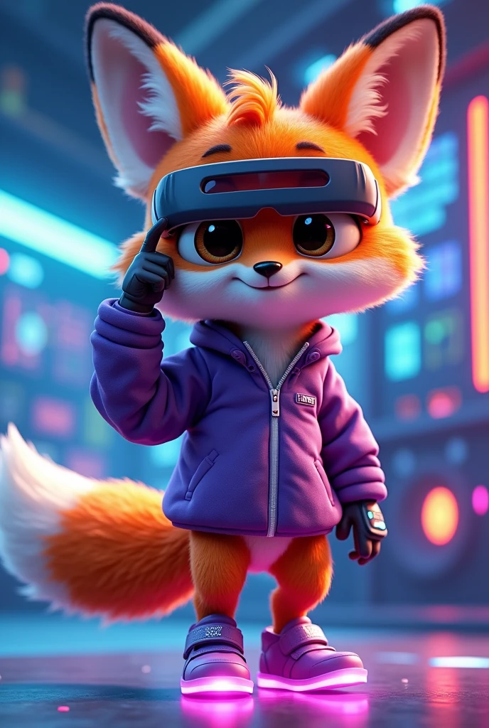 Create a 3D Disney Pixar style young fox named Fluffy, with a look focused on the technology section. She should have vibrant orange fur with white spots on her belly and paws., with big, expressive eyes and cute ears. Cute must be dressed and equipped with modern technological accessories: vestimentas: A futuristic purple jacket with neon accents, perhaps with illuminated panels or digital graphics, for a modern and technological look. Accessories to be included: A pair of augmented reality glasses (midair) with a futuristic design and bright lenses. A high-end smartwatch with a holographic display and a silver metal strap. A stylish wireless headset, featuring a sleek and modern design. A small portable technology device, como um tablet ou um gadget de alto-tech, that she may be holding or using. A pair of sneakers with built-in LED, that light up or flash for a technological effect. Fofinha must have a posture that suggests interaction with technology, como ajustando os óculos midair ou mexendo em um gadget. The background should be a futuristic and technological environment, like a modern office with digital panels or a high-tech control room, capturing the essence of innovation and technology.
Showing the tennis