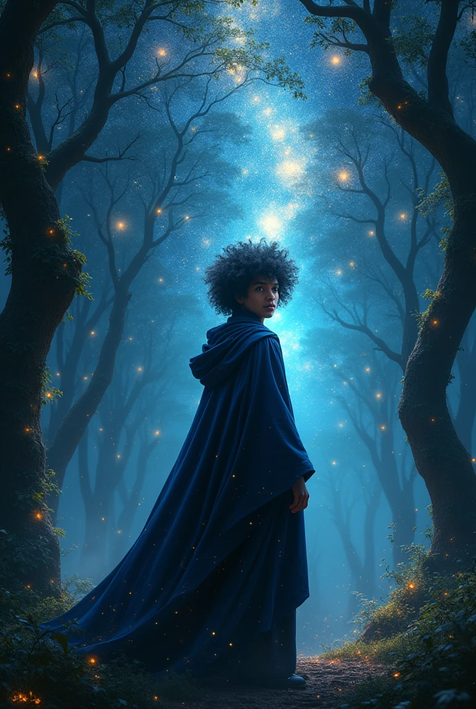 (A masterpiece'artwork, high quality, Background'Detailed 8k CG display and exquisite illustration) Michael, a young and talented afro-latino wizard: shadowy, mince, curly hair, , with heterochrony, (protagonists).