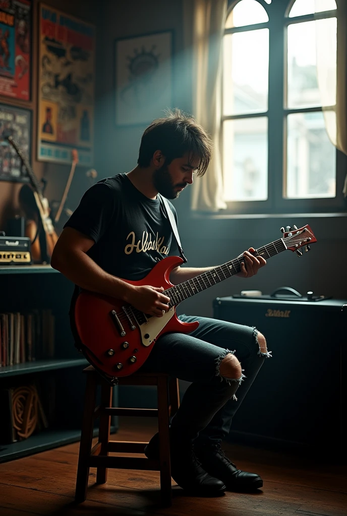 (photorealism:1.2) realistic high detailed definition male wearing black shirt wrote abah kau with tears jeans on knee playing Gibson guitar sg flying v model at dark room smoke effect sunlight silhouette from window marshall guitar amplifier poster rock band on wall racl full of vinyl records radio player