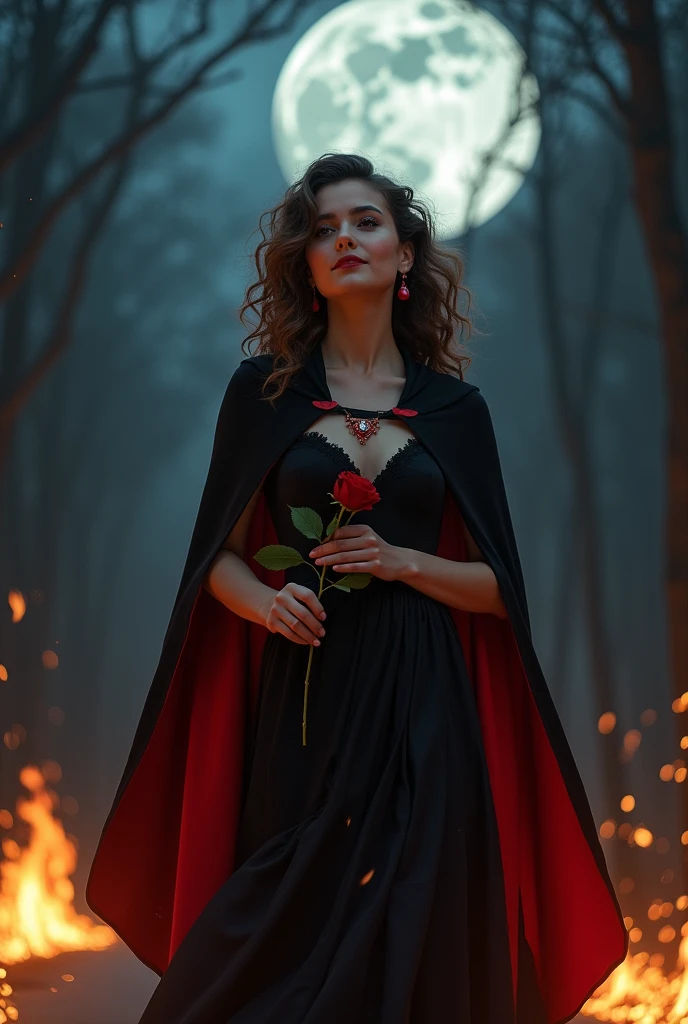 Uma mulher de 18 anos, fair skinned and waist-length light brown curly hair, black dress with red flare, A rose in her hand, with a black cape looking straight ahead and with a simple smile, wearing red earrings and necklace, gold bracelet, walking inside a cross road with flames of fire on the ground, full moon night