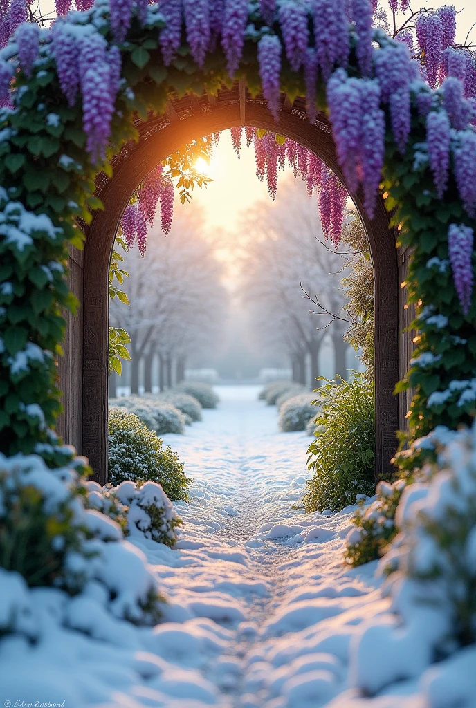 Double Exposure
Two times of the year:
Magic portalarka
Inside the arch is oto, lilac glycines, green grass
Outside, winter, snowdrifts, snowfall
