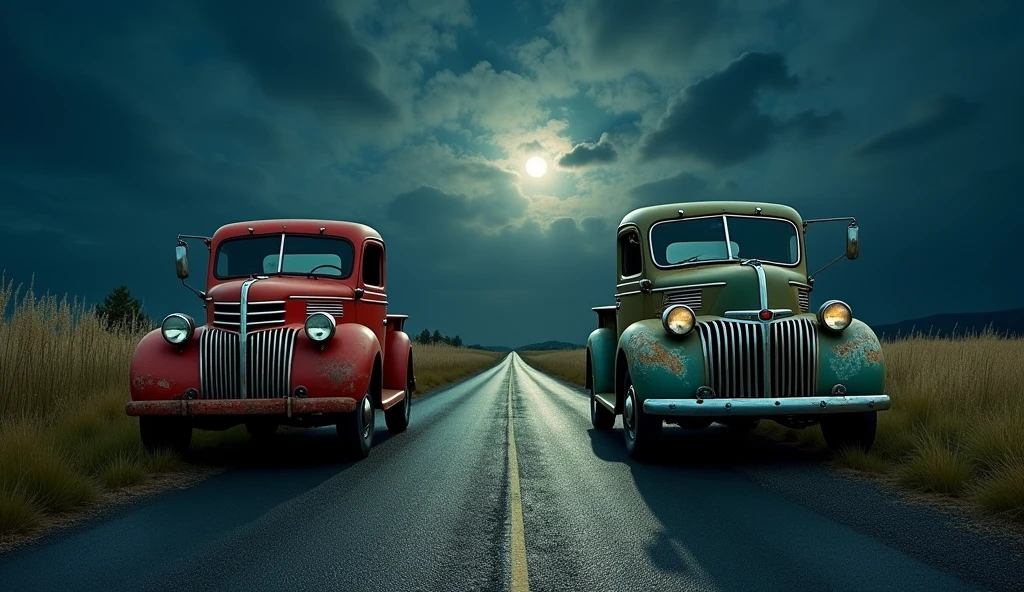 old trucks alone on road ride night