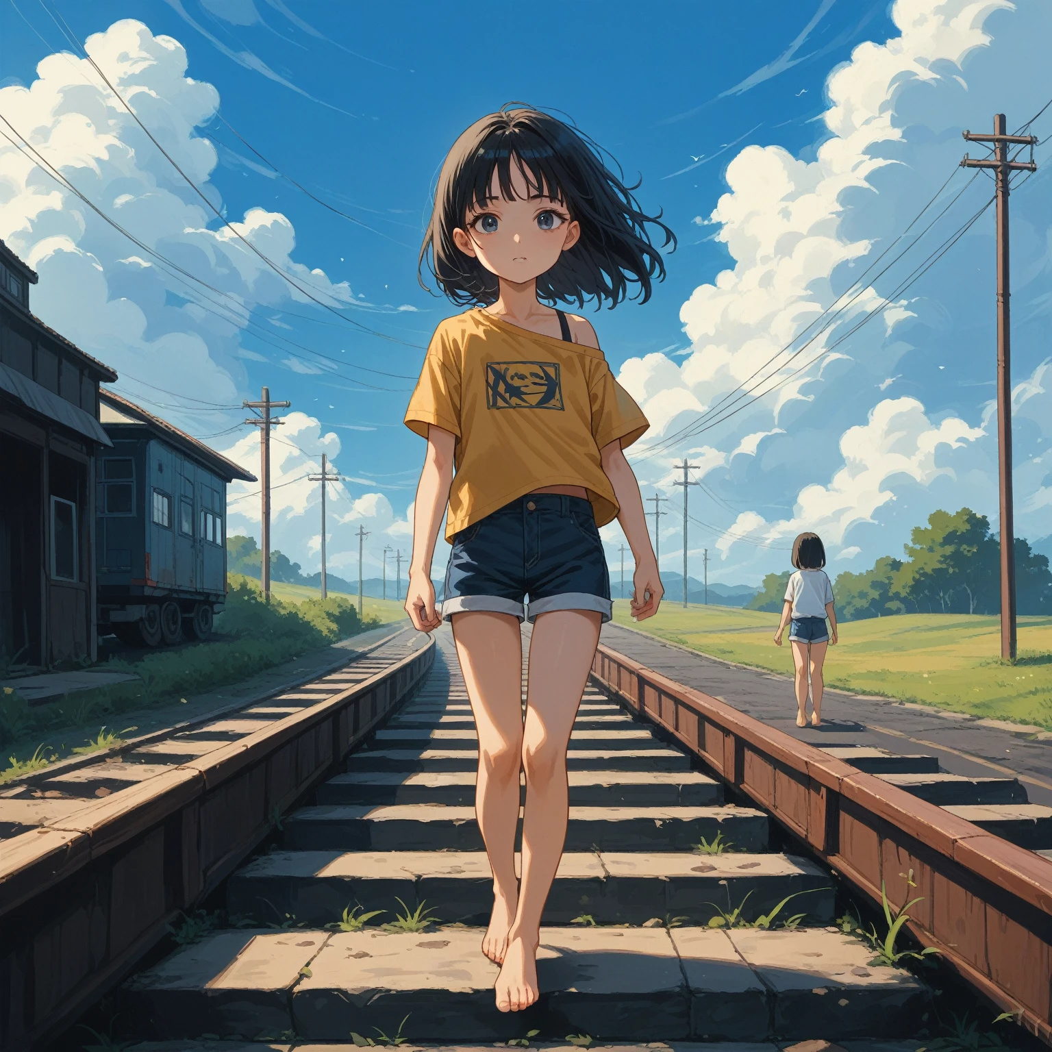 score_9, score_8_up, score_7_up, score_6_up, score_5_up, score_4_up, masterpiece, best quality, source_アニメ,2d、flat、1girl, ****、black hair,longhair is short-sleeved、Shorts、 Look to the side、Old railway、blue sky、electric wire、barefoot