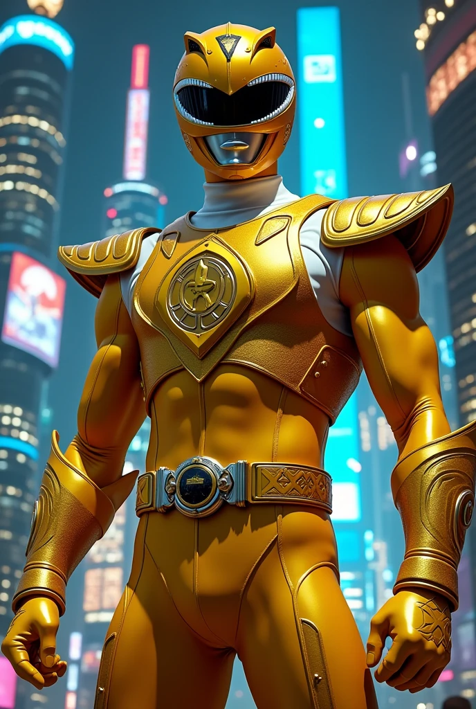 tall person in a SPD
gold spandex powerranger suit with a gold helmet