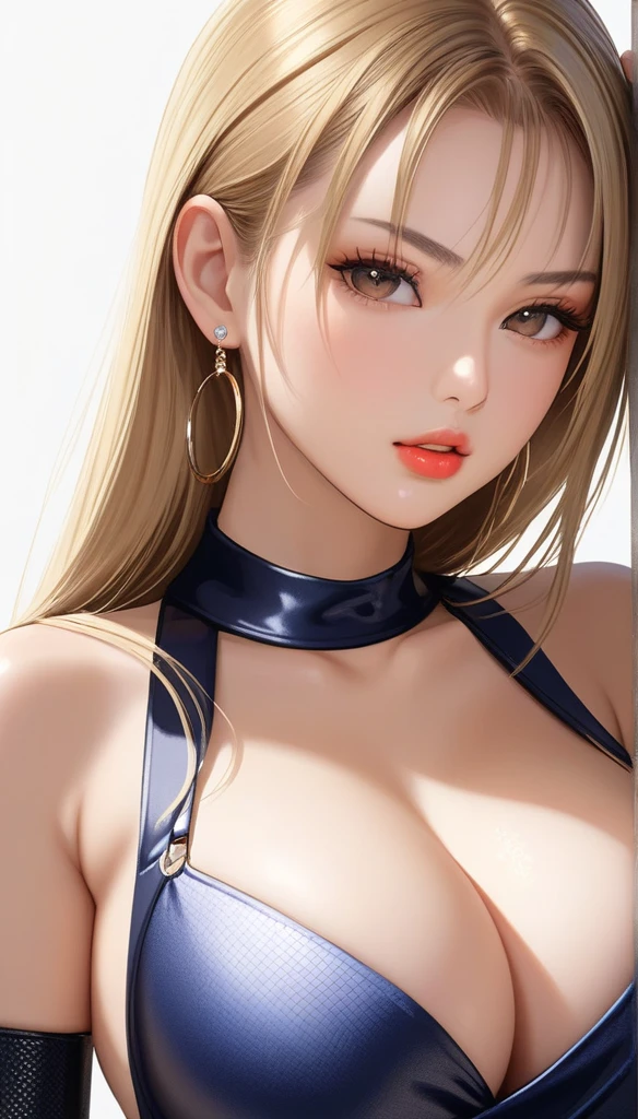 (best quality,4k,8k,highres,masterpiece:1.2),ultra-detailed,(realistic,photorealistic,photo-realistic:1.37)1girl,solo,super detailed skin,shiny skin,natural face,blonde hair,bangs pinned back,asymmetrical bangs,side braid,half open eyes,eyelashes,lips gloss,large breasts,fullbodysuit,fishnet arms,cleavage cutout,ninja clothes ,cowboy shot,ray magic,simple background,masterpiece,best quality,ultra detailed,high resolution,sharp focus, sagging breasts , hoops earrings, lipstick
