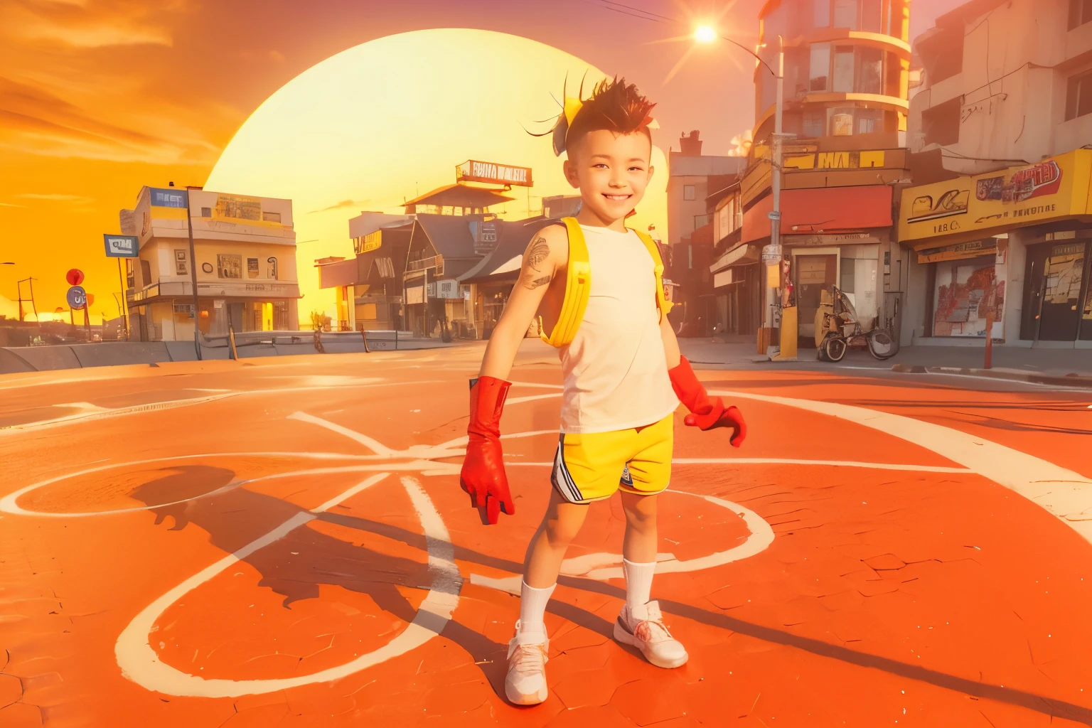 boy, smile, short yellow pants, no top shirt, red long glove, sharp radial spike mohawk hairstyle, town street, sunset background