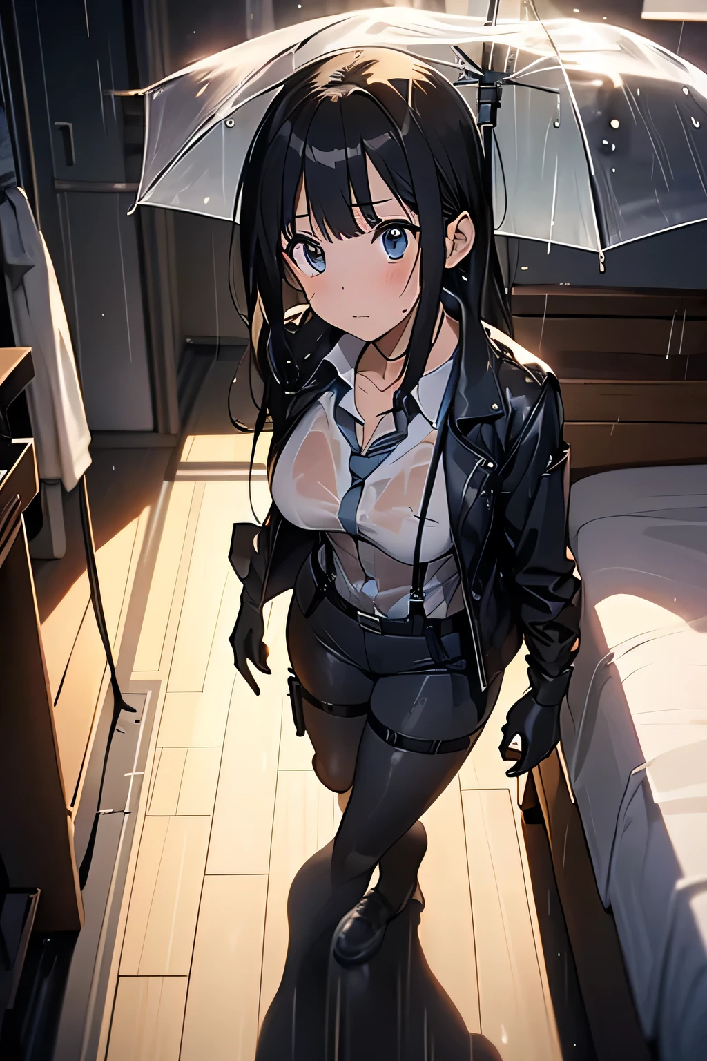 1 female, , high quality, masterpiece, Ultra-high resolution, , Cinema Lighting, , , And the suspenders with the cranes flying　　　Large Breasts　 　 　　　　Small face　 　　　holster　　　　　　　 Lying in bed　Looking up　　　　Sweat 　　　belt　summer　脇Sweat 　Black Hole Gloves　suit　shirt　　Black jacket　 Black trousers　Leg Links　ズボンにbelt　　holster　 　　Hands behind your back　 Anxious expression　Looking up　Anxious face, legs apart　Armament　　Cable ties　レッグholster　holster　See-through clothing　heavy rain　Getting wet in the rain