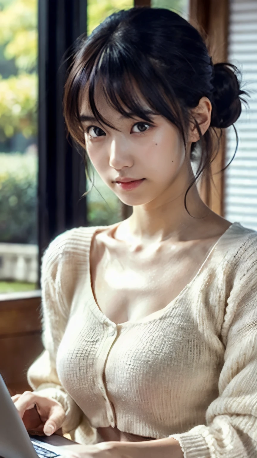 (Ultra-detailed CG work), (photorealistic), (Japanese woman), (23 years old), (beautiful, pretty looks), (good personality shows on face), (loved by all), alone, solo, portrait, calm expression, friendly personality, hair up, bangs to right, standing, soft Natural light,. Calm background, white tank top, cardigan, laptop on desk, looking at screen