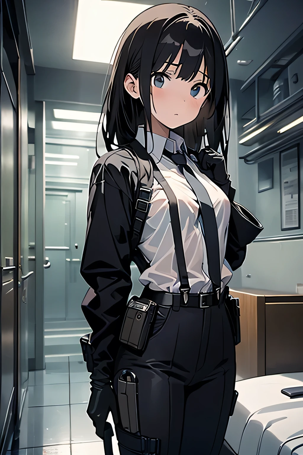 1 female, , high quality, masterpiece, Ultra-high resolution, , Cinema Lighting, , , And the suspenders with the cranes flying Large Breasts Small face holster Lying in bed Looking up Sweat belt summer 脇Sweat Black Hole Gloves suit shirt Black jacket Black trousers Leg Links ズボンにbelt holster Hands behind your back Anxious expression Looking up Anxious face, legs apart Armament Cable ties レッグholster holster See-through clothing heavy rain Getting wet in the rain