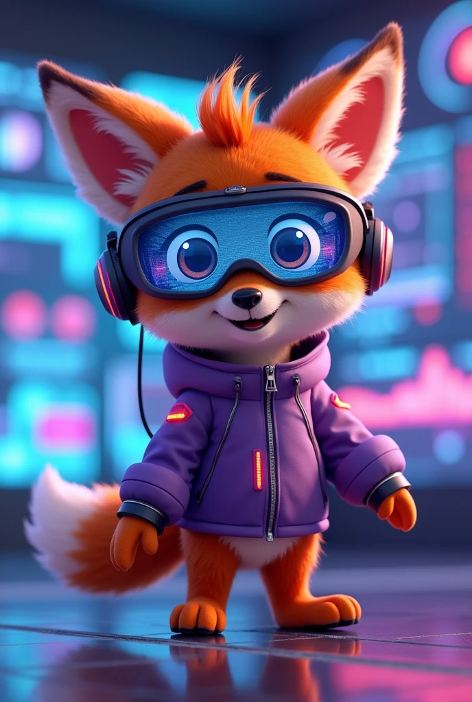 Create a 3D Disney Pixar style young fox named Fluffy, with a look focused on the technology section. She should have vibrant orange fur with white spots on her belly and paws., with big, expressive eyes and cute ears. Cute must be dressed and equipped with modern technological accessories: vestimentas: A futuristic purple jacket with neon accents, perhaps with illuminated panels or digital graphics, for a modern and technological look. Accessories to be included: A pair of augmented reality glasses (midair) with a futuristic design and bright lenses. A high-end smartwatch with a holographic display and a silver metal strap. A stylish wireless headset, featuring a sleek and modern design. A small portable technology device, como um tablet ou um gadget de alto-tech, that she may be holding or using. A pair of sneakers with built-in LED, that light up or flash for a technological effect. Fofinha must have a posture that suggests interaction with technology, como ajustando os óculos midair ou mexendo em um gadget. The background should be a futuristic and technological environment, like a modern office with digital panels or a high-tech control room, capturing the essence of innovation and technology.
Showing the tennis