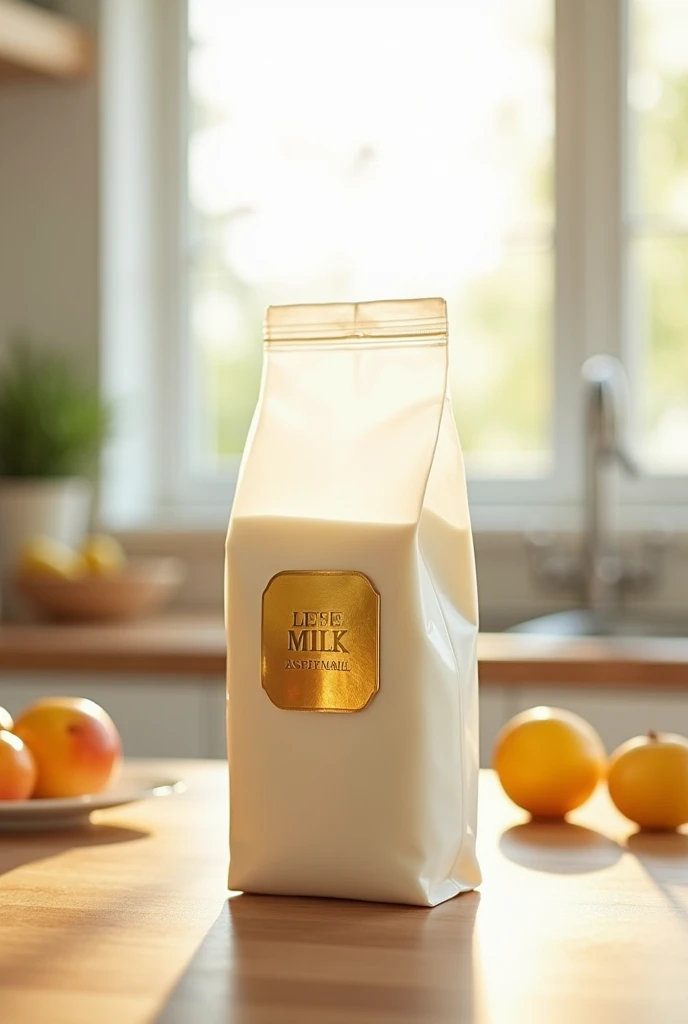 A bag of milk with a transparent bag and its golden label in the middle long from the front