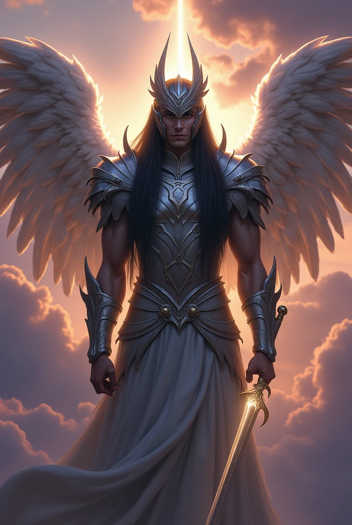 A male warrior angel, with long straight black hair, silver helmet that hides the eyes 