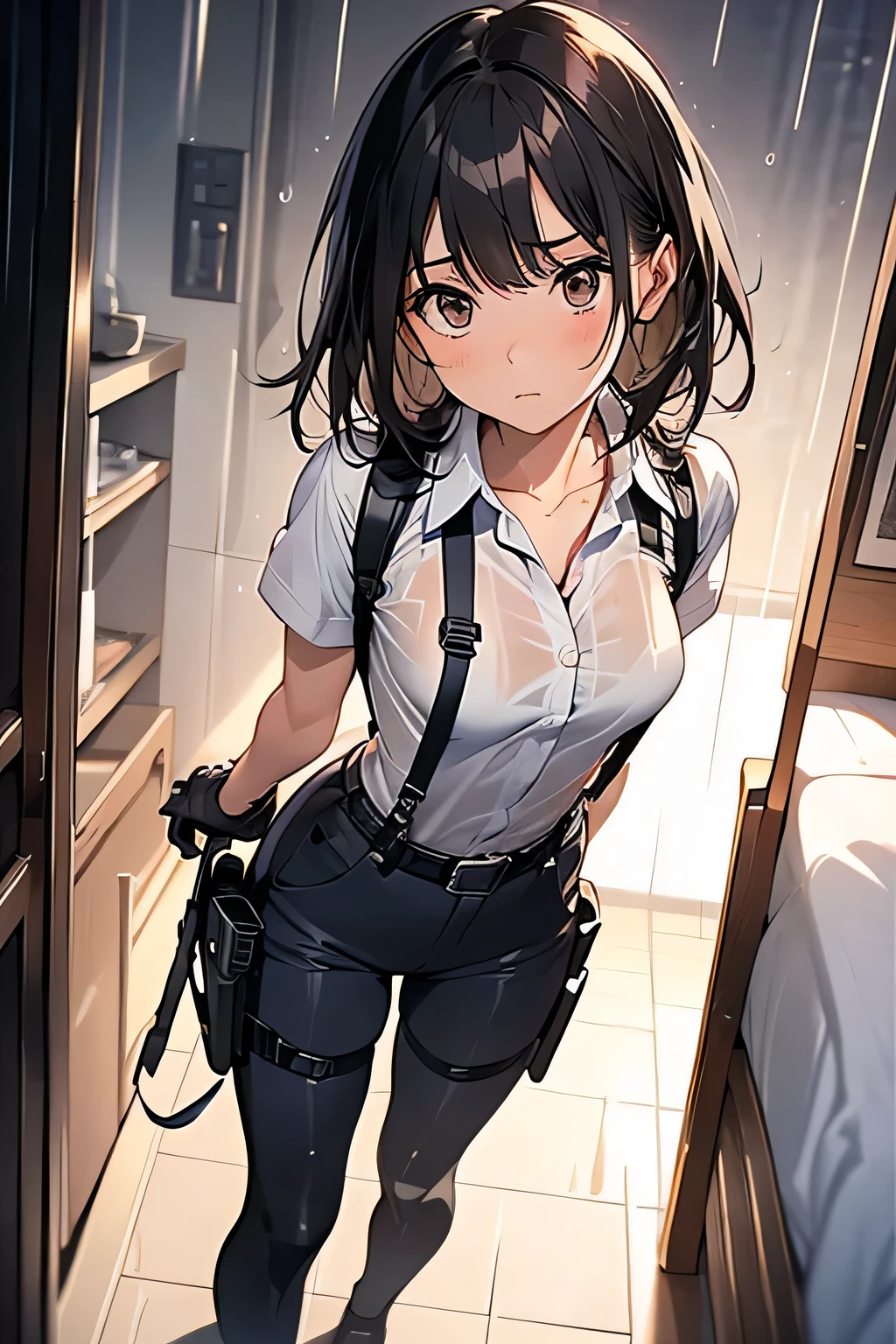 1 female, , high quality, masterpiece, Ultra-high resolution, , Cinema Lighting, , , And the suspenders with the cranes flying Large Breasts Small face holster Lying in bed Looking up Sweat belt summer 脇Sweat Black Hole Gloves suit shirt Black jacket Black trousers Leg Links ズボンにbelt holster Hands behind your back Anxious expression Looking up Anxious face, legs apart Armament Cable ties レッグholster holster See-through clothing heavy rain Getting wet in the rain