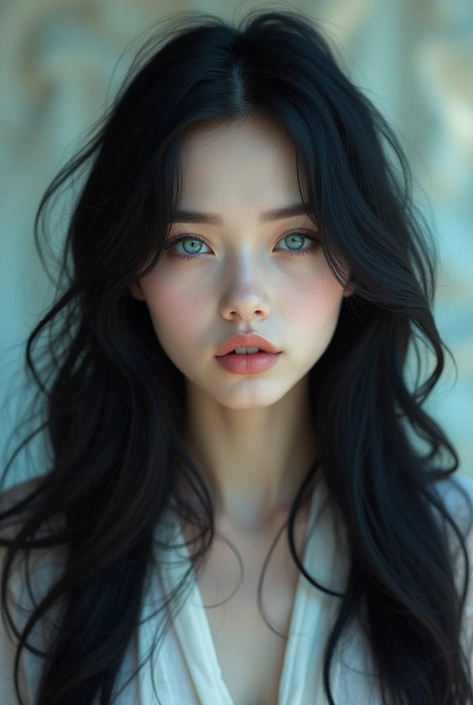 Long Black hair,white skin,blue eyes