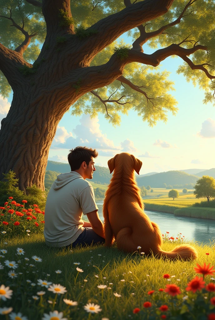 "Ali and Bruno sitting together under the shade of the ancient oak tree in their village. They both have contented expressions as they look out over the peaceful village. The surroundings are bathed in the soft light of late afternoon, with flowers blooming around them and the river gently flowing in the background."