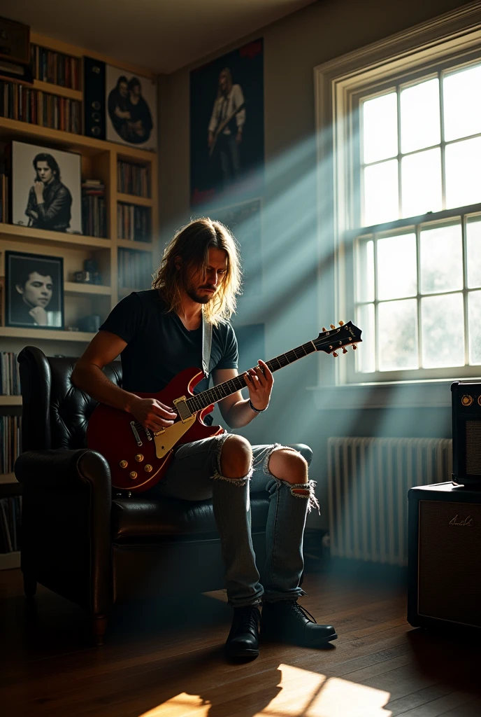 (photorealism:1.2) realistic high detailed definition  male wearing black shirt wrote abah kau  with tears jeans on knee playing Gibson guitar sg flying v model at dark room smoke effect  sunlight silhouette from window marshall guitar amplifier poster rock band on wall racl full of vinyl records radio player looks alike Kurt cobain