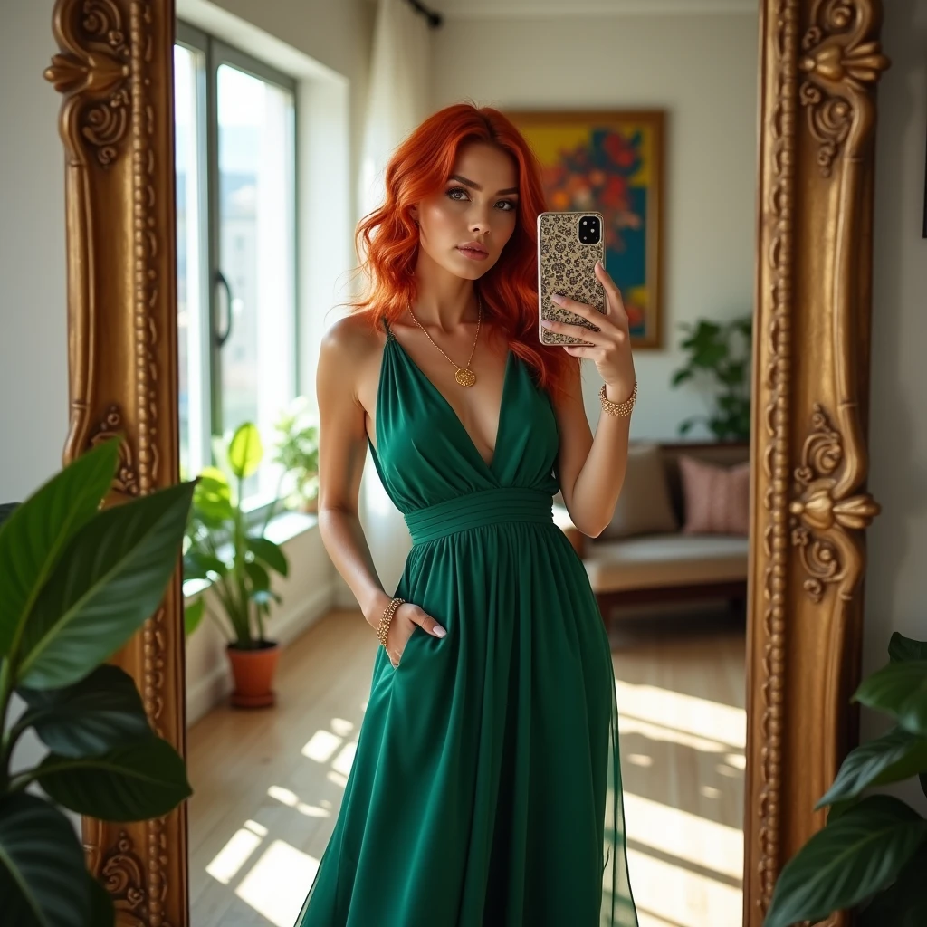 woman with red hair, beautiful clothes, beautiful bright apartment, selfie in the mirror