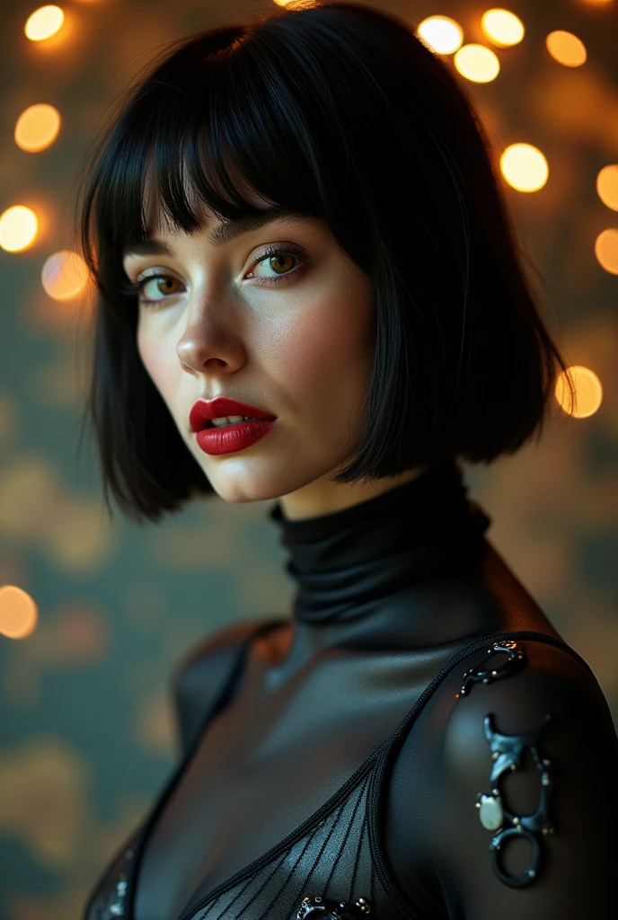 editorial photography,super detailed background,Super realistic,double exposure,depth of field,gorgeous beauty super skinny vides,soft focus dark tone,narrative scene,Wabi-Sabi wallpaper,open Crimson lips,narrow eyes,uneven pattern matte rubber long sleeve bodysuit,super short bob-cut hairstyle,Scattered luminous earrings,portrait,