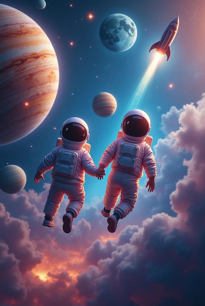 Girl boy astronaut 4D in the universe with planets solar system and rocket