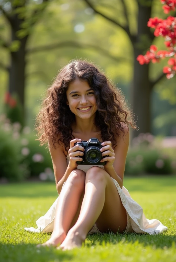 A brunette girl with curly hair and big breasts sits with her legs stretched out, taking a realistic photo