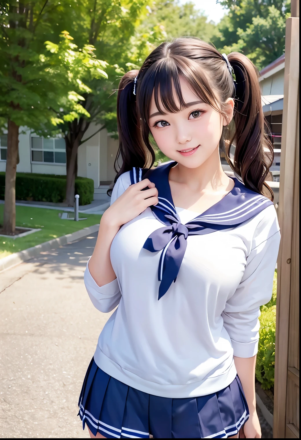 (Highest quality,masterpiece:1.3,Ultra-high resolution),(Very detailed、Caustics) (Realistic:1.4, RAW shooting、)Ultra-Realistic Capture、Very detailed、Natural skin texture、masterpiece、(A high school girl wearing a sailor uniform:1.3)、Adorable expression、Expressions of happiness、、height: 155cm、Baby Face、Pure、Amazingly cute、Twin tail hairstyle、Curly Hair、Ribbon tie、Black Hair、Large Breasts、Shining thighs、Sidewalk in a residential area、Background details、smile、An inviting gaze、(Anatomically correct)、Cowboy Shot、Attention to detail、
