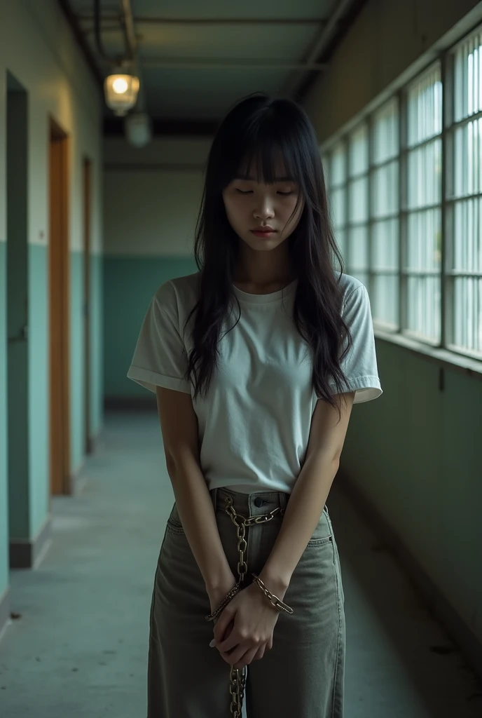 photograph、prisonの番号が書かれたセーラー服を着た美しい高校生の少女が登場するシーン，彼女は金属格子で囲まれた薄暗いSolitary confinementの中にいる， The girl has a sad look,設定は小さなベッドのある典型的なprisonのSolitary confinementです, Iron-barred windows, Worn floor. The overall atmosphere is heavy、Thoughtful, The soft lighting accentuates her emotions.，photograph，prison，Japanese high school girl as a female prisoner， Round sexy ass，Big natural wet breasts, prisonの設定, Solitary confinement,Handcuffs on both hands，Restrained by chains，Jail，Connecting both handcuffs with a chain，Chain on the waist，Crotch rope，