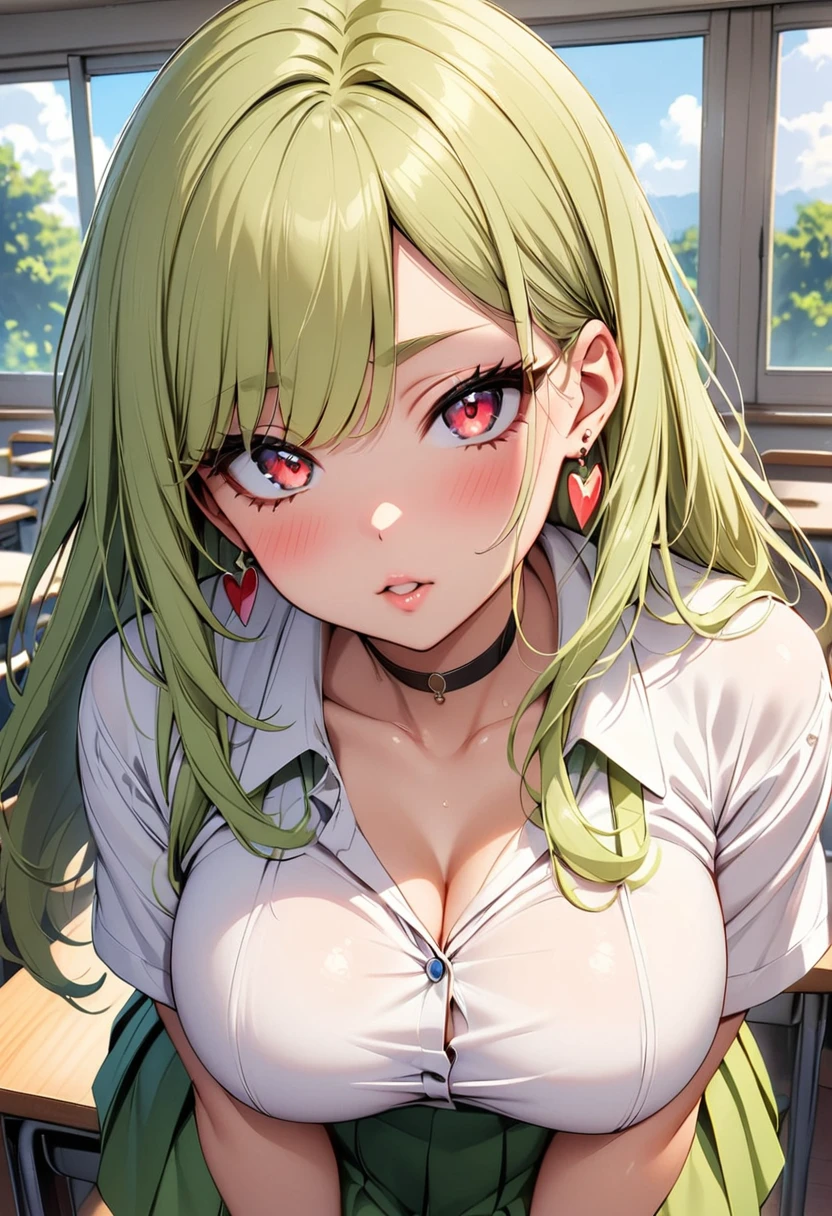score_9, score_8_up, score_7_up, score_6_up, score_5_up, 1girl, solo, green hair, straight hair, long hair, red eyes, glowing eyes, sultry eyes, juicy lips, plump lips, glossy lips, soft blush, dolly face, eyelashes, natural eyebrows, eyeliner, large breasts, thick ass, pale skin, black choker, earrings, white tight shirt, green skirt, standing sexily, classroom background, cinematic lightning, very detailed clothes, very detailed face, very detailed eyes, very detailed hair, ultra, best quality, masterpiece, looking at viewer, in love with the viewer, full body.